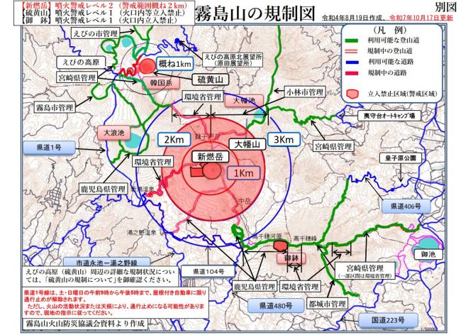 R7年10月17日登山道規制図（噴火警戒レベル2：警戒範囲2km）